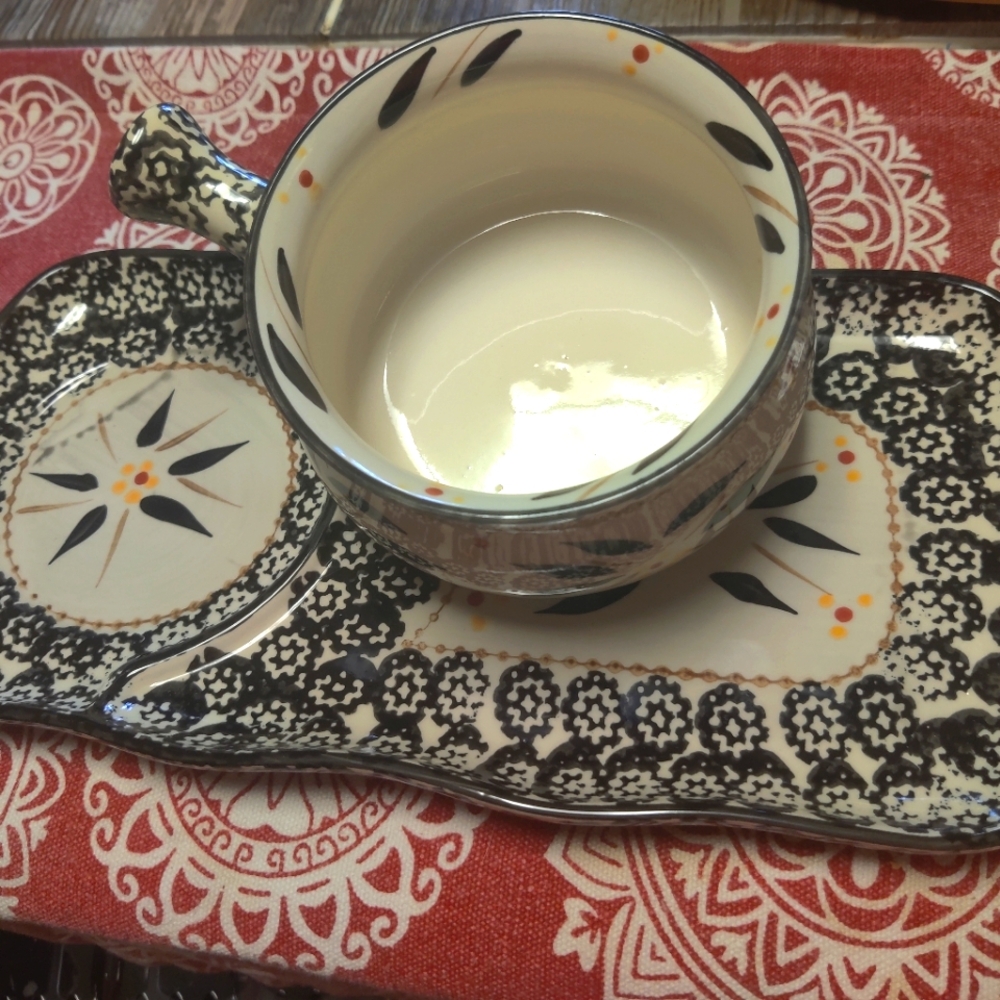 2 Sets-Tara Old World Black Temptations Patterned Soup and Sandwich Bowl & Plate